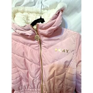 DKNY Reversible Jacket Women's  Pink  Hooded Faux Fur Gold Hardware Logo PTP 20"